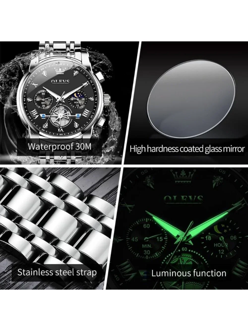 Men's Silver-Black Stainless Steel Waterproof Big Face Multifunction Wrist Watch